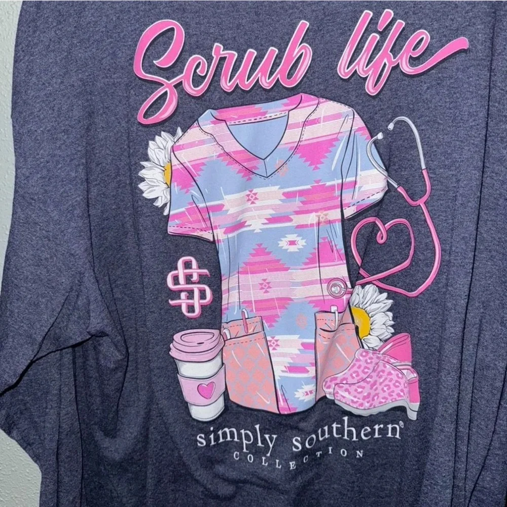 Simply Southern Dark Blue Shirt with Pink Logo Scrub Life - Picture 2 of 3